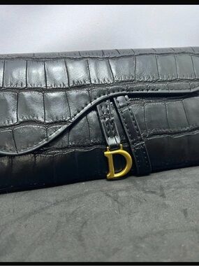 Designer Inspired Black Croc-Embossed Leather Wallet with Gold 'D' Charm